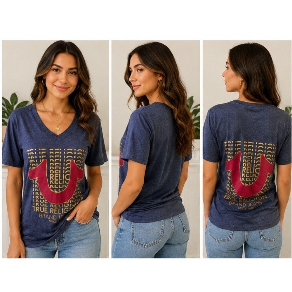 True Religion V-Neck T-Shirt Womens Medium Y2K Streetwear Graphic Horseshoe Logo